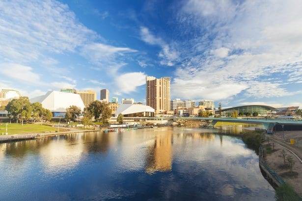 Sunny Adelaide Skyline Reflecting on River Torrens