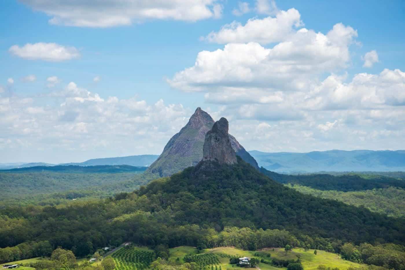 Scenic view of Glass House Mountains, Australia.