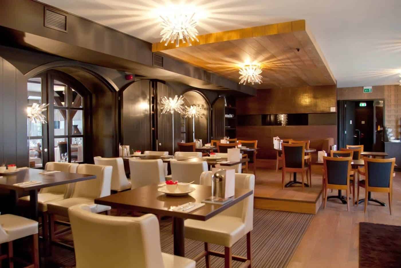 Upscale dining room interior with elegant decor.