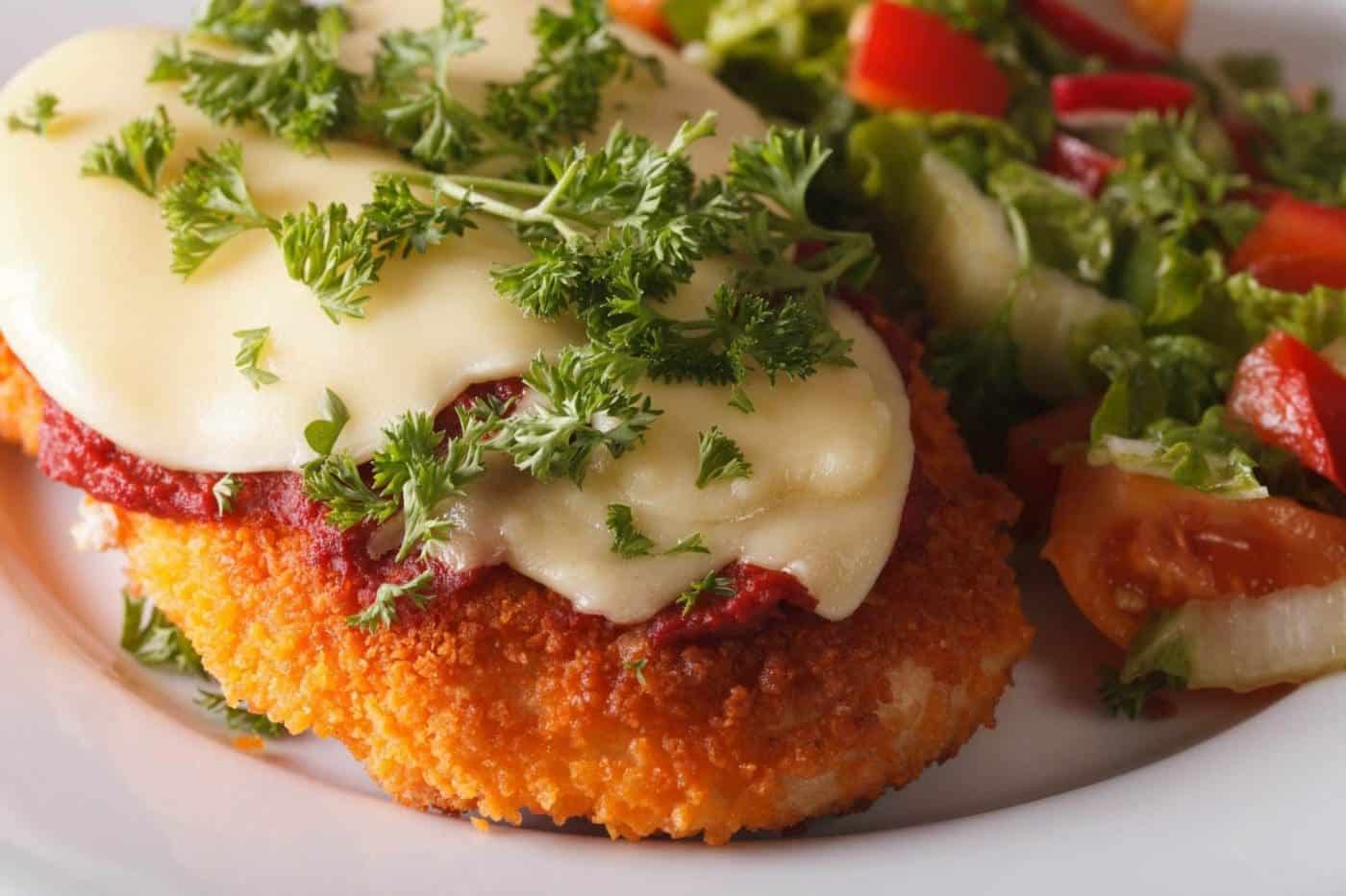 Close-up of Chicken Parmesan with fresh salad.