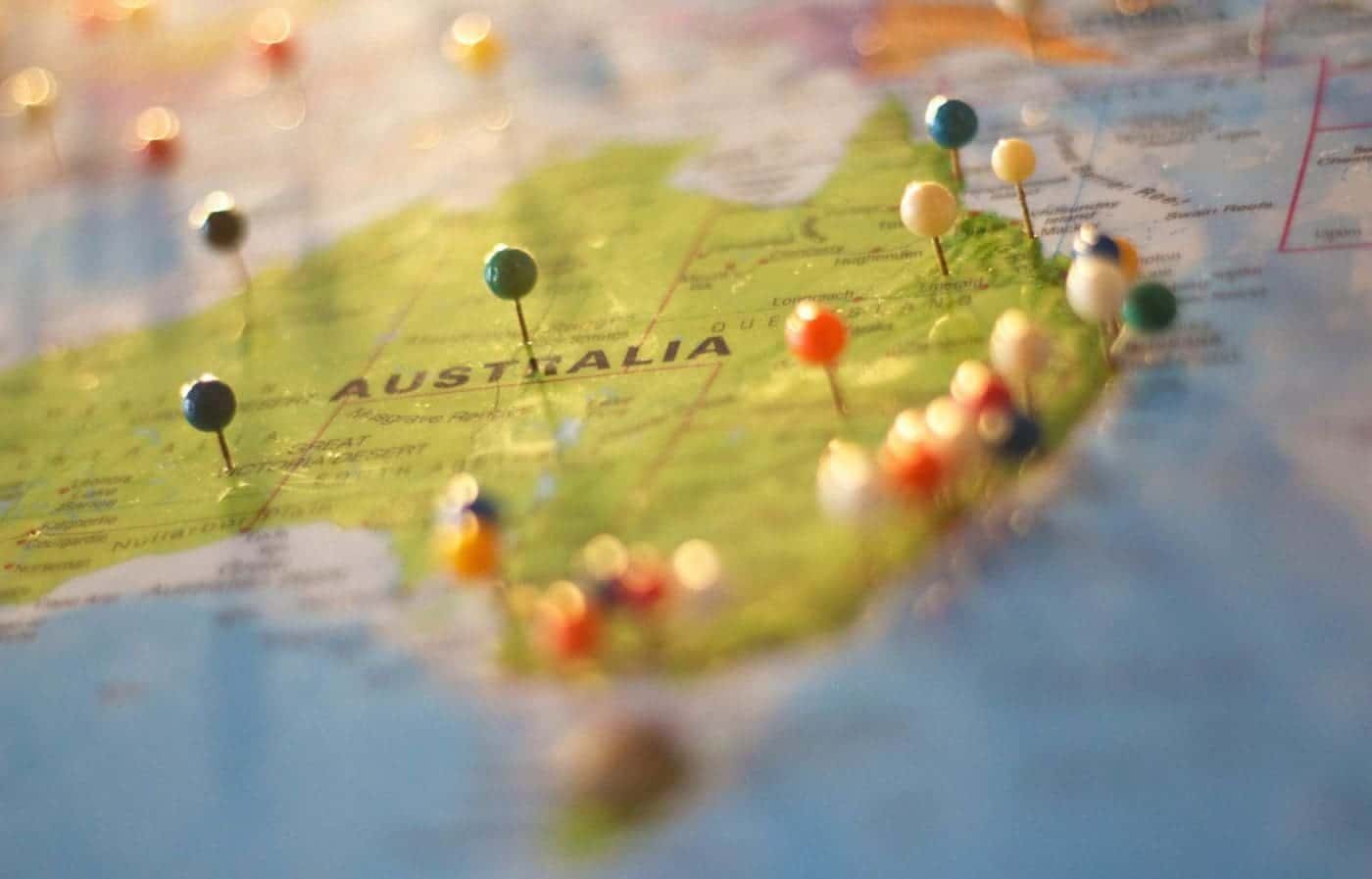 Australia map with travel destination pins.