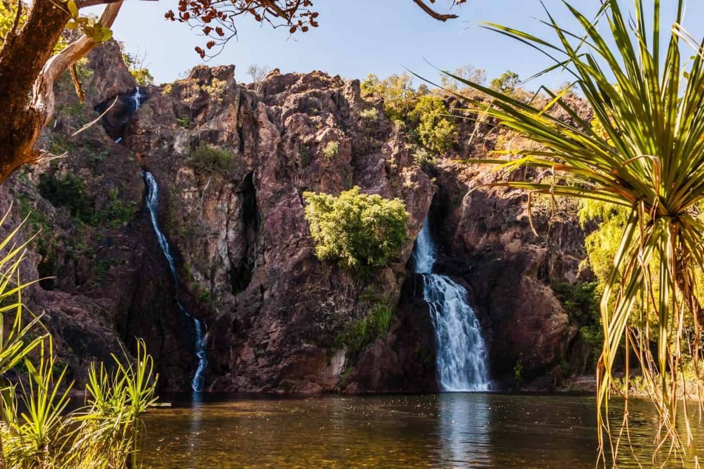 Twin waterfalls in a serene landscape