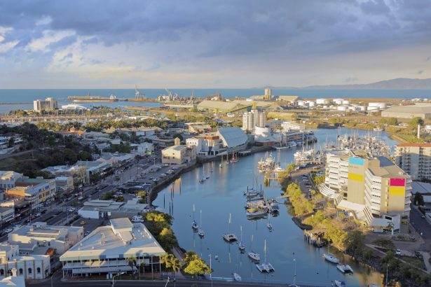 Evening skyline of Townsville with river views.