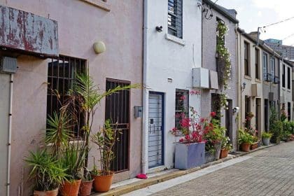 Quaint Surry Hills cobblestone lane with townhouses.
