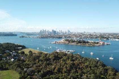 Aerial view of Sydney Harbour with Cockatoo Island.