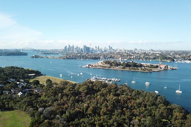 Aerial view of Sydney Harbour with Cockatoo Island.