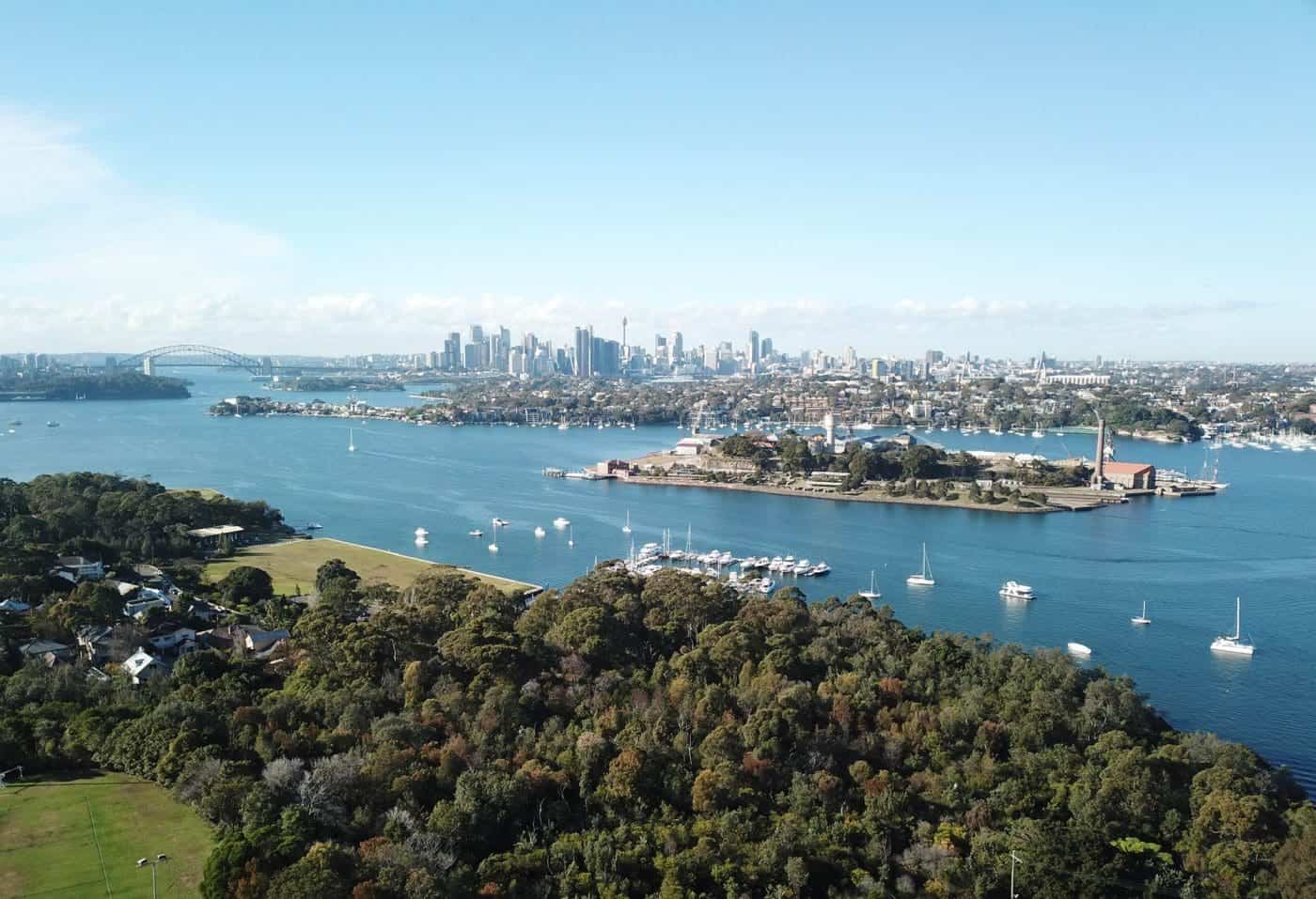 Aerial view of Sydney Harbour with Cockatoo Island.