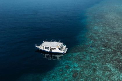 Yacht floating on crystal clear blue waters