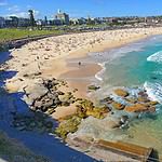 Scenic Bondi Beach coastline with sunbathers in Sydney, Australia.