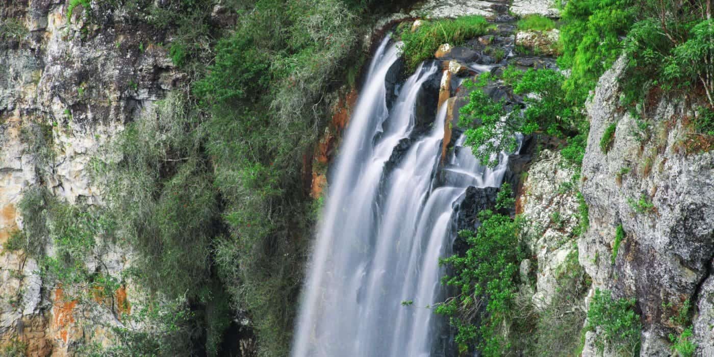 Majestic Purling Brook Waterfall surrounded by lush greenery.