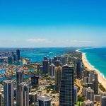 Gold Coast city skyline and beach aerial view.