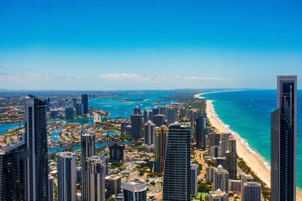 Gold Coast city skyline and beach aerial view.