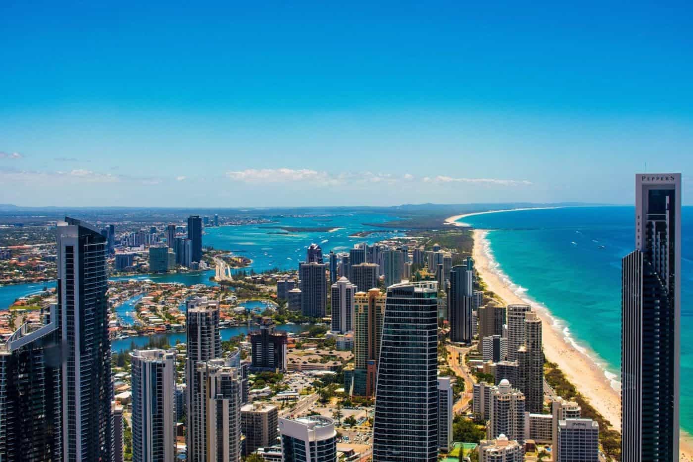 Gold Coast city skyline and beach aerial view.