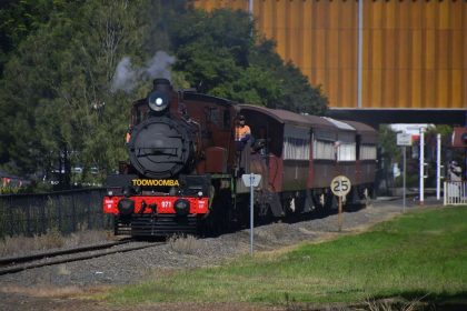 Vintage steam train approaching in Toowoomba.