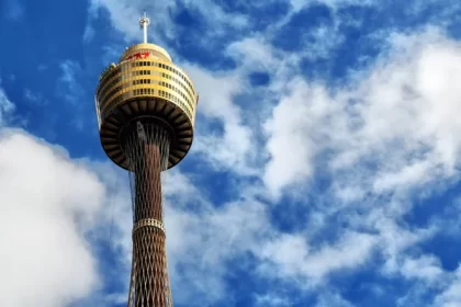 Sydney Tower Eye against blue sky.