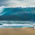 Majestic wave towering over lighthouse on coast