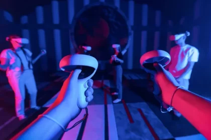 First-person view of a VR escape room experience with players in action.
