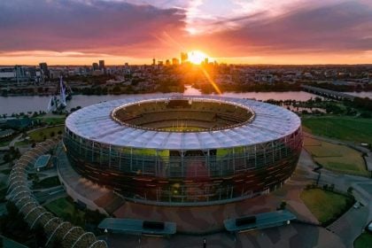Aerial View of Optus Stadium at Sunset in Perth