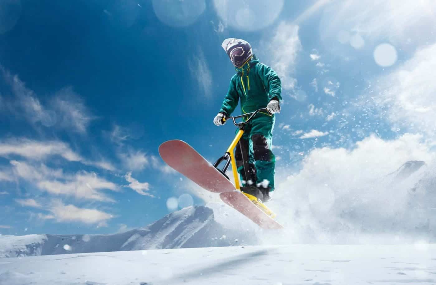 Snowboarder in mid-air during mountain jump.