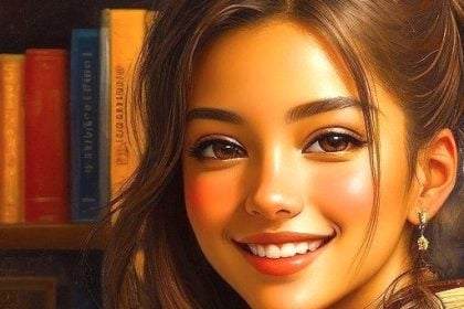 Portrait of a smiling woman with books in background