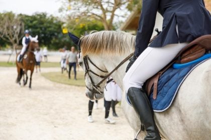 Equestrian riders preparing for competition.