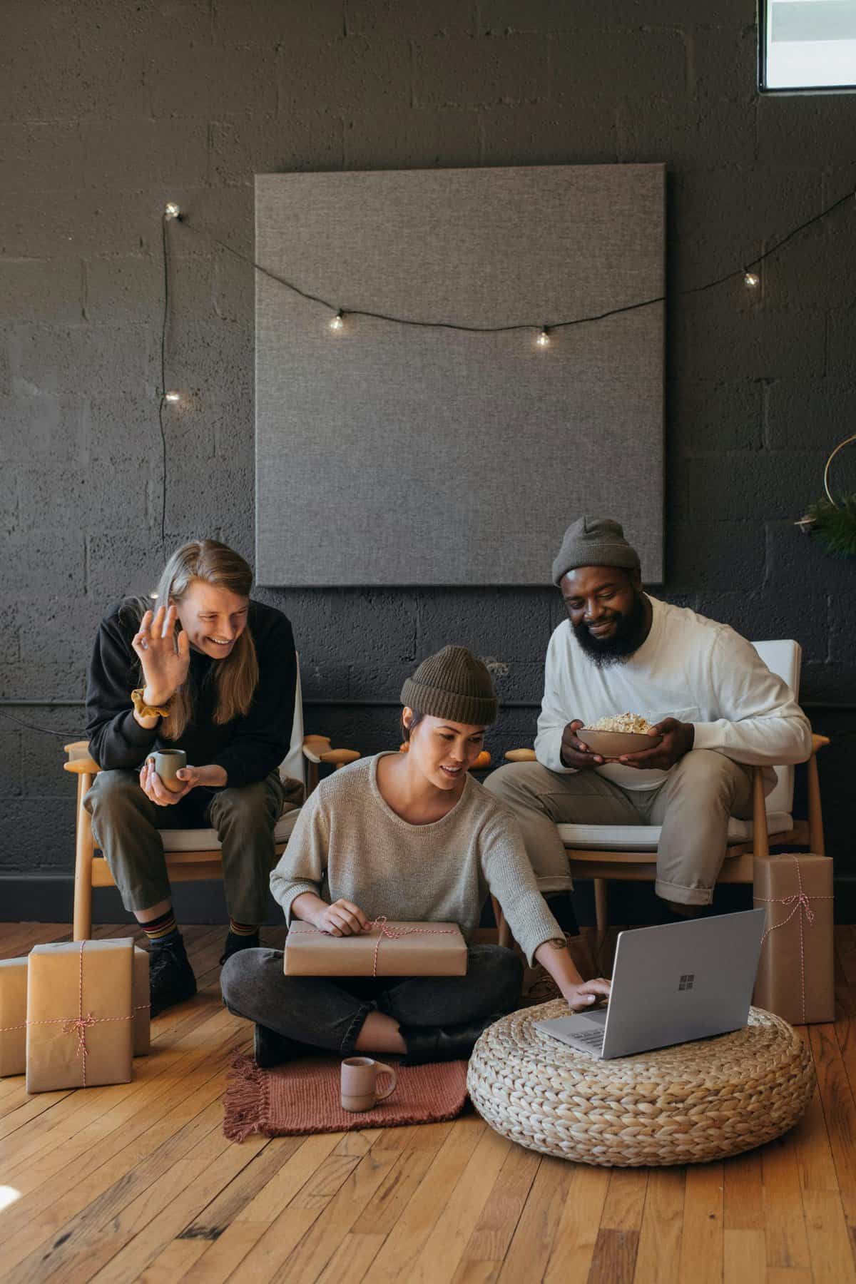 Creative team brainstorming in a modern office setting.