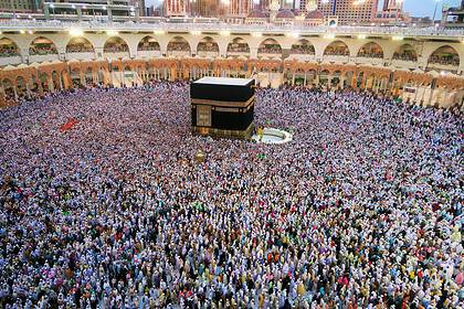 Hajj Pilgrimage at Kaaba in Mecca with Crowds